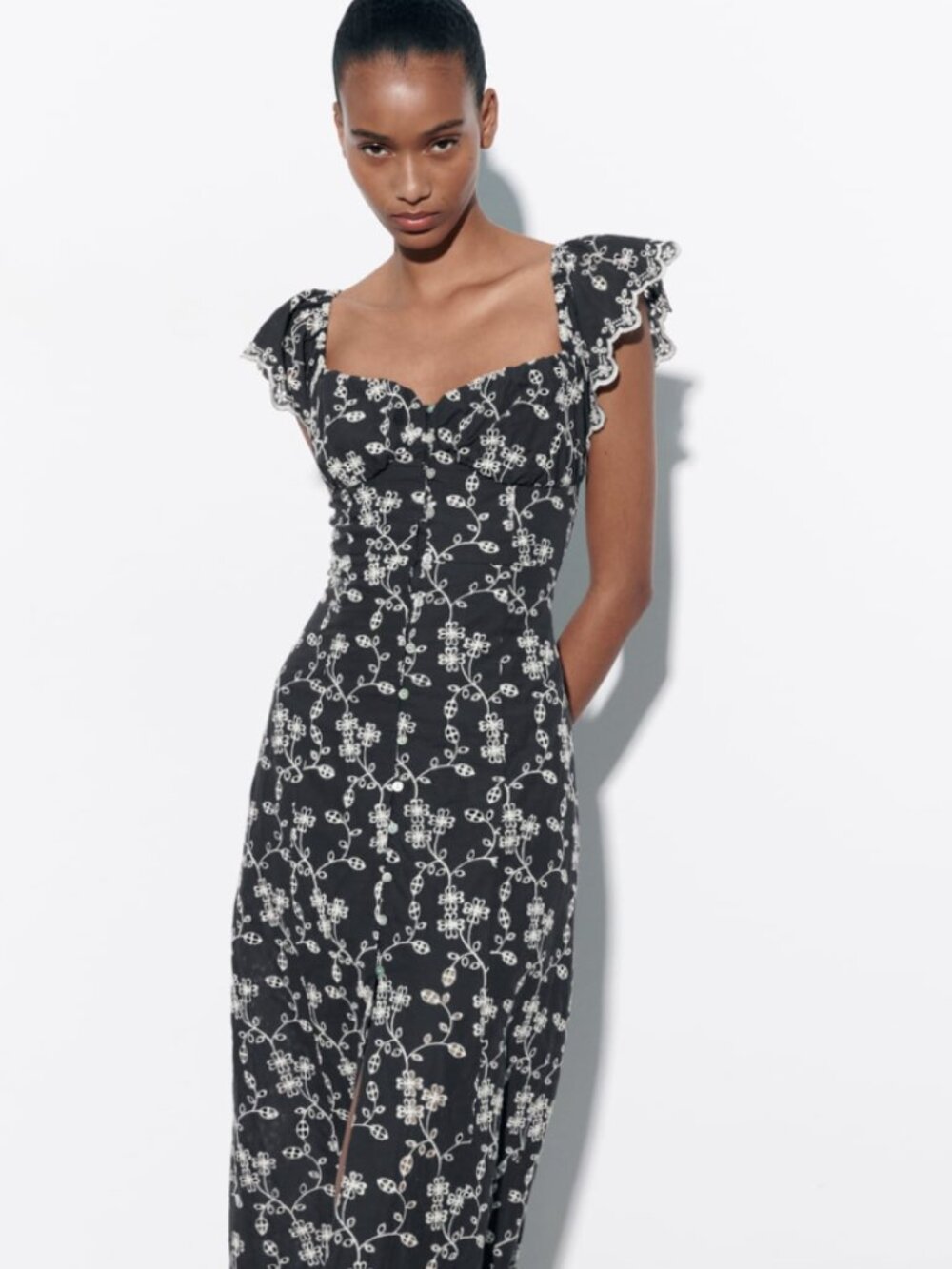 Zara | Cotton Embroidered Eyelet Midi Dress Navy & White | Size XS - Picture 2 of 12
